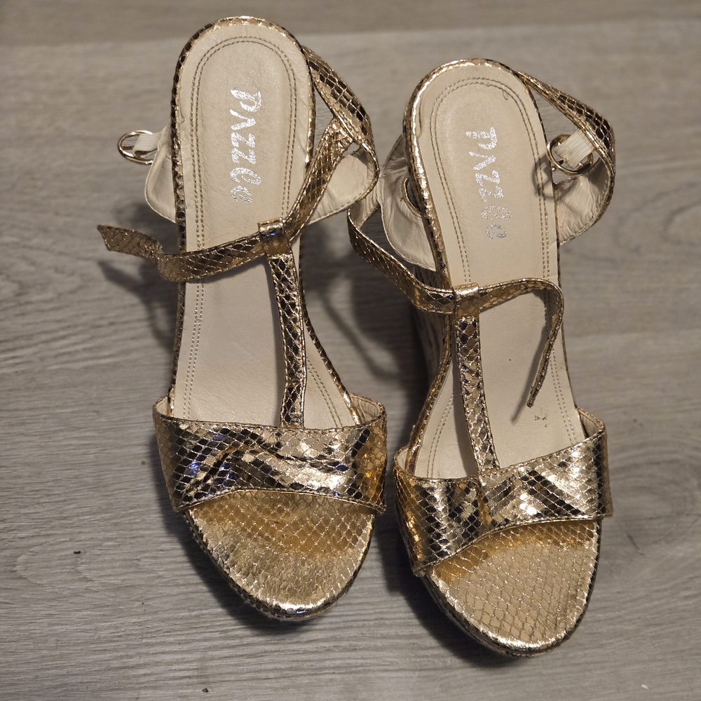 Gold Wedge Sandals with T-Strap and Ankle Buckle